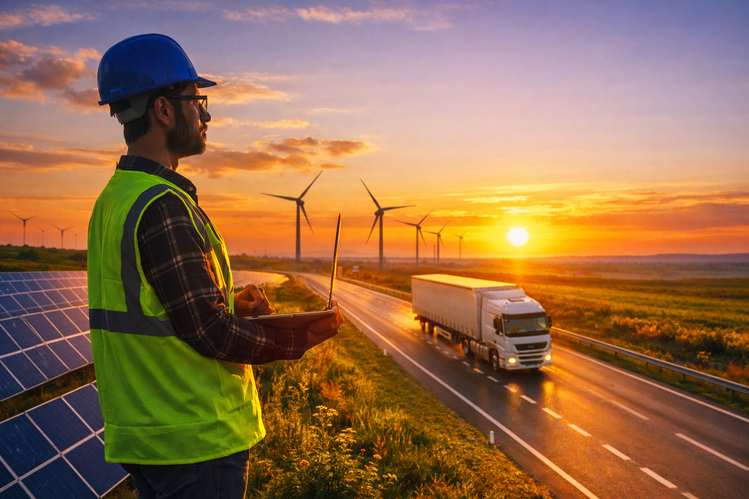 Técnico de energia em rodovia concessionada com turbinas eólicas e painéis solares